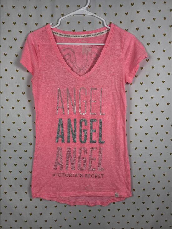 Victoria's Secret Tops - Victorias Secret ANGEL BLING WINGS Neon V neck SUPERMODEL ESSENTIALS Tee Shirt